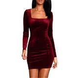 Women Sexy Long Sleeve Bodycon Dress, Ruched Cocktail Velvet Wrap Party Dress, Square Neck Velvet Wedding Mini Tight Dress | Original Brand | Women's Cocktail Dresses