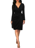 Women's Black Wrap Dress Sexy Deep V Neck Long Sleeve Knee-Length Cocktail Party Dresses | Women's Work Dresses
