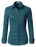 Green Womens Slim-Fit Long Sleeve Stretchy Button Down Collar Office Formal Casual Shirt Blouse - EZEN | Women's Tops and Blouses