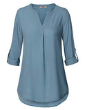 Blue Gray Women's Casual Chiffon V Neck 3/4 Sleeve Blouse Tops - Timeson | Women's Tops and Blouses