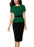 Green And Black Womens Pleated Crew Neck Peplum Wear To Work Office Sheath Dress Vfshow | Women's Work Dresses