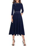 Navy Blue Plus White Piping Tie Neck Womens Elegant Front Zipper Slim Work Business Office Party Cocktail A-line Dress Vfshow