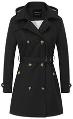 CREATMO US Women's Trench Coat Double-Breasted Classic Lapel Overcoat Belted Slim Outerwear Coat with Detachable Hood | Women's Coat & Jacket