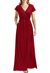 Red Women Cap Sleeve Loose Plain Pockets Maxi Casual Formal Long Dresses - REPHYLLIS | Women's Formal Dresses