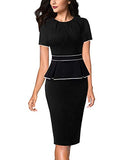 Black With White Piping Womens Pleated Crew Neck Peplum Wear To Work Office Sheath Dress Vfshow