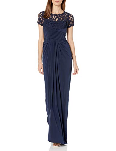 Women's 3/4 Sleeve Gown With Lace Bodice And Jersey Draped Skirt