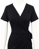 Women's Classic V-Neck Casual Party Knee Length Sheath Work Short Sleeve Faux Black Wrap Dress | Women's Work Dresses