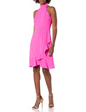 Women's Stretch Knit Crepe Fit And Flare Mock Neck Halter Dress