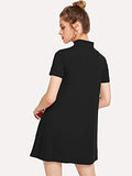 Women's Elegant Plain Short Sleeve Mock Neck Loose T Shirt Dress Swing Dress