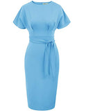 Sky Blue Women's Bodycon Pencil Dress Office Wear To Work Dresses With Pocket Belt Jasambac | Women's Work Dresses