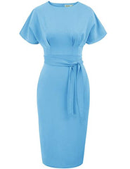 Sky Blue Women's Bodycon Pencil Dress Office Wear To Work Dresses With Pocket Belt Jasambac