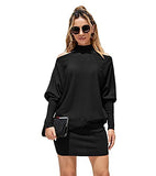 Women's Cold Shoulder Knit Dress Mock Neck Batwing Sleeve Elegant Stretchy Mini Sweater Dress