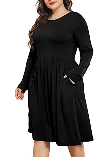 POSESHE Women's Plus Size Casual Long Sleeve Dresses Empire Waist Loose Dress with Deep Pockets