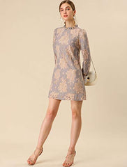 Women's Ruffle Crew Neck Formal Mini Floral Lace Dress