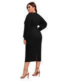 Women's Plus Size Bishop Sleeve Plunging V Neck Belted Bodycon Dress | Women's Work Dresses