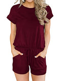 Wine Red Summer Crewneck Casual Loose Short Sleeve Jumpsuit Rompers One Piece Pajamas Loungewear with Pockets - ANRABESS | Women's Romper & Jumper Suit