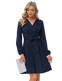 Women Ruched Dress Long Sleeve V-Neck Defined Waist Flared A-Line Dress