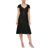 Black Corded Women's Short Shift Knee Length V Neck Dress Petite & Regular - Alex Evenings | Women's Cocktail Dresses