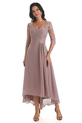 Women's A Line Chiffon Lace Mother Of The Bride Dress Beaded Evening Gown With Sleeves