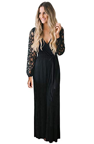 Zattcas Womens Vintage Floral Lace Long Sleeve Faux Wrap V Neck Party Long Maxi Dress | Women's Casual Dresses