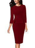 Dark Red Sleeve Womens Pleated Crew Neck Peplum Wear To Work Office Sheath Dress Vfshow