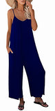 Dark Blue Long Casual Sleeveless Strap Loose Adjustable Jumpsuits Stretchy Long Pants Romper with Pockets - SNUGWIND | Women's Romper & Jumper Suit