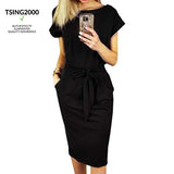 Women's Striped Elegant Short Sleeve Wear to Work Casual Pencil Dress with Belt | Women's Work Dresses