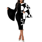 Women Bell Sleeve Bodycon Pencil Dress Business Graphic Print Midi Dress Work Office Cocktail Party Sheath Dress | Women's Work Dresses