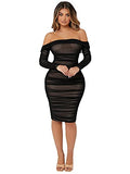 Women's Ruched Off Shoulder Bodycon Dress Long Sleeve Mesh Knee Length Dresses