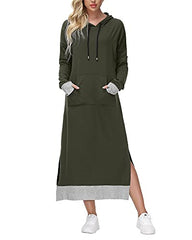 Yaohuole Women Casual Maxi Dress V Neck Long Sleeve Loose Hoodie Dresses with Pockets