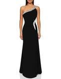 Angel-fashions Women's One Shoulder Ruffle Studded Pearl Embroidery Band Backless Long Dress