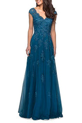 Women's Lace Cap Sleeve Mother Of The Bride Dresses Long A-line Formal Evening Gowns With Pockets