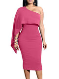 Women's Summer Sexy One Shoulder Ruffle Bodycon Midi Cocktail Dress Burgundy