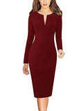 Dark Red Long Sleeve Womens Front Zipper Slim Work Office Business Cocktail Party Pencil Dress Vfshow