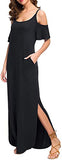 Women's Summer Casual Loose Long Dress Strapless Strap Cold Shoulder Short Sleeve Split Maxi Dresses with Pocket