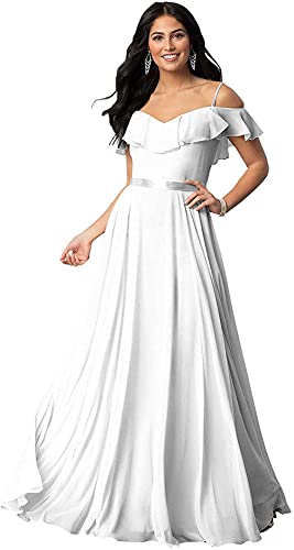 shhk Women's Cold Shoulder Chiffon Bridesmaid Dresses Long Ruffles Formal Prom Evening Gowns with Straps