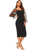 Women's Elegant Mesh Contrast Long Bishop Sleeve Bodycon Pencil Dress | Women's Work Dresses