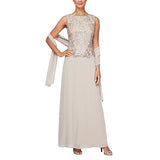 Alex Evenings Women's Long Embroidered Sleeveless Mock Dress with Shawl