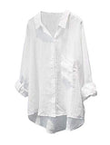 Women's Casual Cotton Linen Blouse Plus Size High Low Shirt Long Sleeve Tops | Women's Tops and Blouses