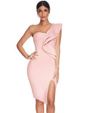 Womens One Shoulder Ruffles Side Split Bodycon Bandage Club Party Dress