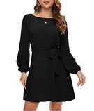 LILBETTER Women's Elegant Long Sleeve Short Dress Boatneck Tie Waist Dresses | Women's Casual Dresses