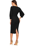 Women's Plunging V Neck Bishop Sleeve Bodycon Belted Dress | Women's Work Dresses