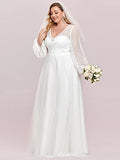 Women's Plus Size Double V-Neck Long Sleeve Floral Embroidery Maxi Wedding Dress - Sara Clothes