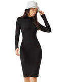 Women's Mock Neck Long Sleeve Rib Knit Midi Bodycon Pencil Dress