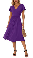 Purple Summer Wrap Dress Ladies Casual Ruffle Short Sleeve V-Neck Floral Beach - GRECERELLE