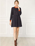 Women's Plaid Vintage Casual Loose Fit Half Placket Contrast Collar Dress