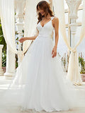 Open Back V Neck A-line Lace Bodice Tulle Wedding Dress for Women  - Sara Clothes