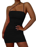 Women's Sexy Sleeveless Ruched Spaghetti Strap Bodycon Mini Club Party Dress