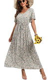 Lily Green Summer Maxi Boho Beach Dress Floral Print Dress V Neck Short Sleeve Drawstring High Waist Flowy Long Midi Dresses - GRECERELLE | Women's Casual Dresses