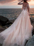 Chiffon Wedding Dresses for Bride 2021 with Train Long Lace Appliques Split Sheer Beach Bridal Gowns | Women's Formal Dresses